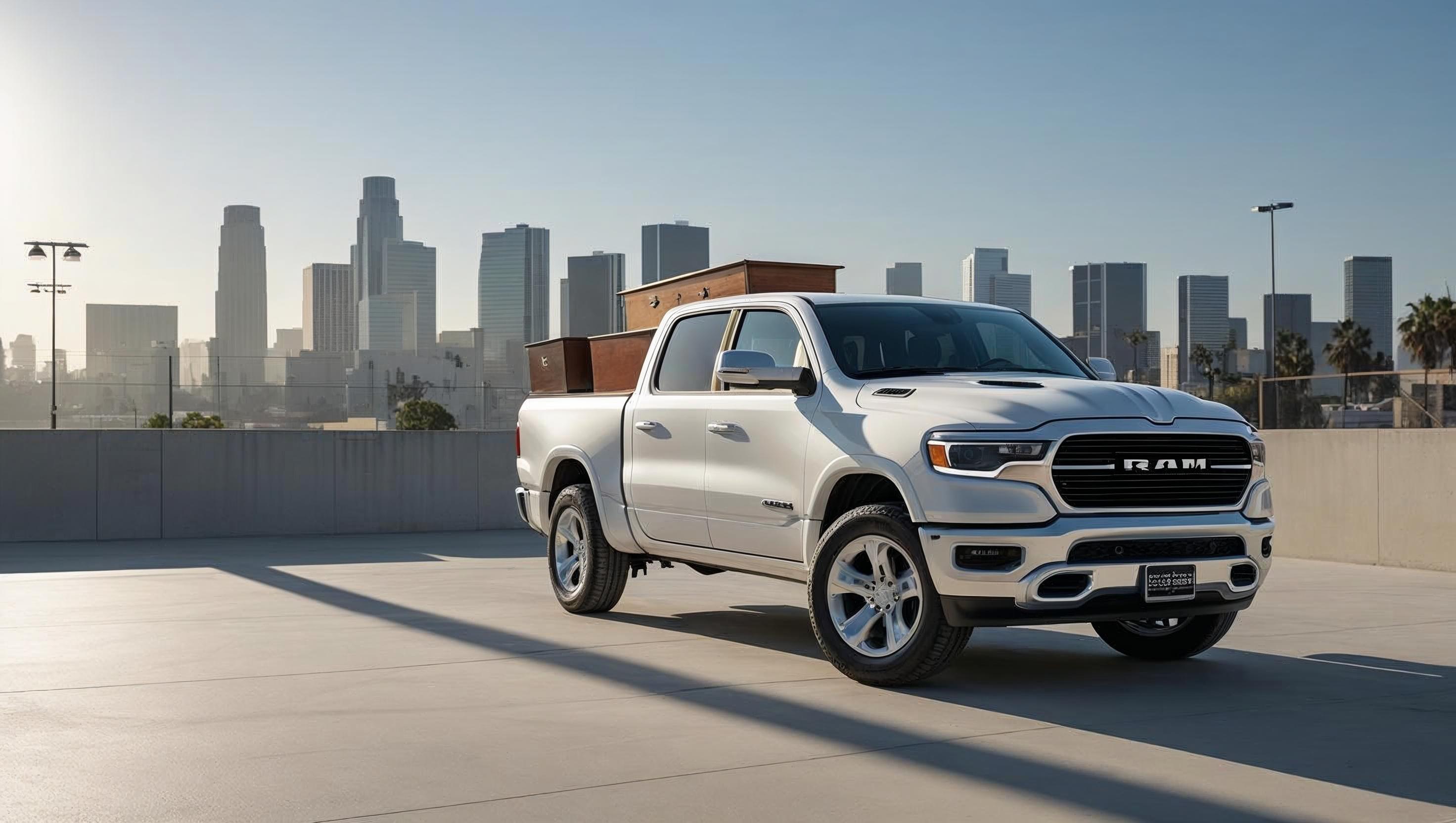 Prime Haul LA white Ram truck with cargo boxes, Los Angeles skyline background